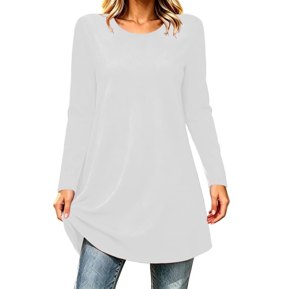 Edvintorg Womens Tunic Tops Plus Size Solid Color Long Sleeve Crew Neck Loose Lightweight Casual Shirt Women's Clothing White Pull-On