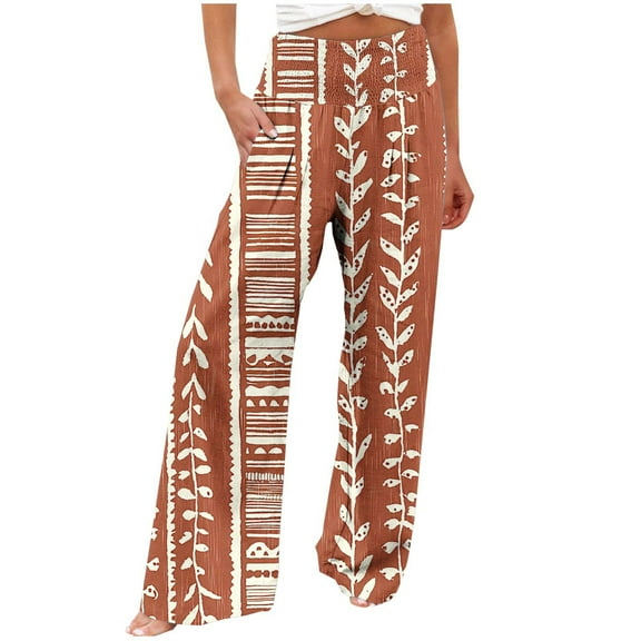 Edvintorg Womens Wide Leg Pants Vintage Printing Beach Boho Palazzo Pants High Waisted Casual Loose Trousers with Pockets