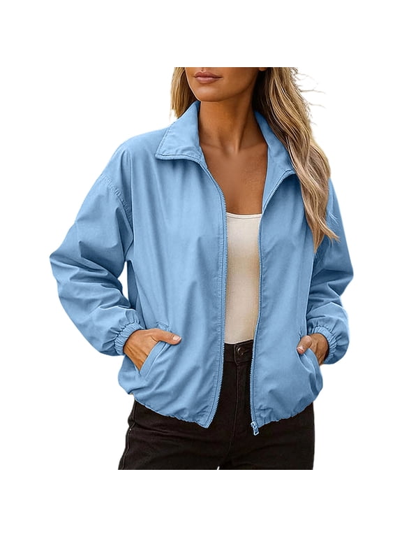 Womens Windbreaker Jacket Plus Size Lightweight Outdoor Hiking Long Sleeve Zip Up Coat with Pocket Womens Clothing Blue XXL