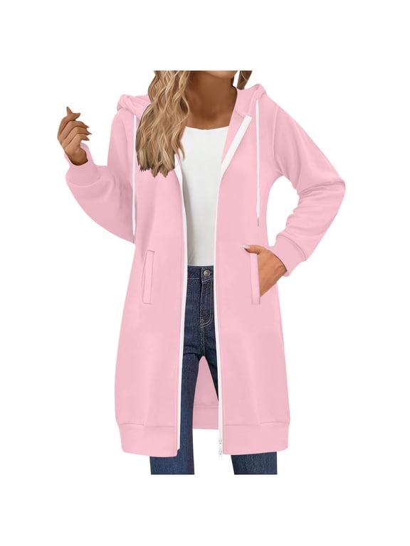 Womens Zip Up Sweatshirt Fashion Solid Long Sleeve Comfort Hoodie 2025 Fall Winter Casual Loose Long Jacket with Pocket Pink XXL