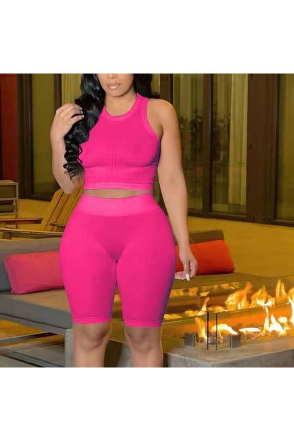 Workout Sets for Women 2 Piece Women Solid Two Piece Outfits Summer Sleeveless Round Neck Tops Shorts Set Gym Set Women Hot XXL