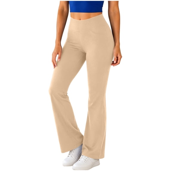 Edvintorg Yoga Pants with Pockets for Women Solid Color High Waisted Casual Athletic Pant Flare Trouser Fashion Clothing Khaki S-2XL
