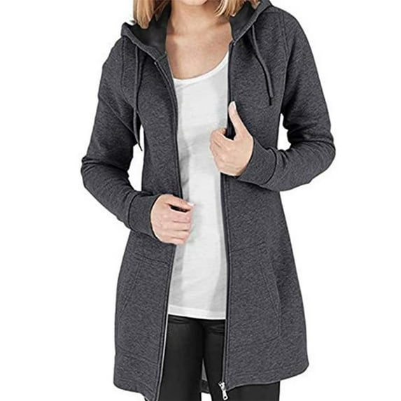Edvintorg Zip Up Jackets for Women Fashion Solid Color Long Sleeve Fleece Thickened Long Outerwear with Zipper Womens Winter Coats Dark Gray XL