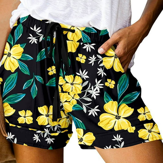 Edvintorg plus size shorts women Women's Fashion vintage Printing Plus Size Rope Tie Shorts Yoga Sport Shorts with drawstring Yellow XXL