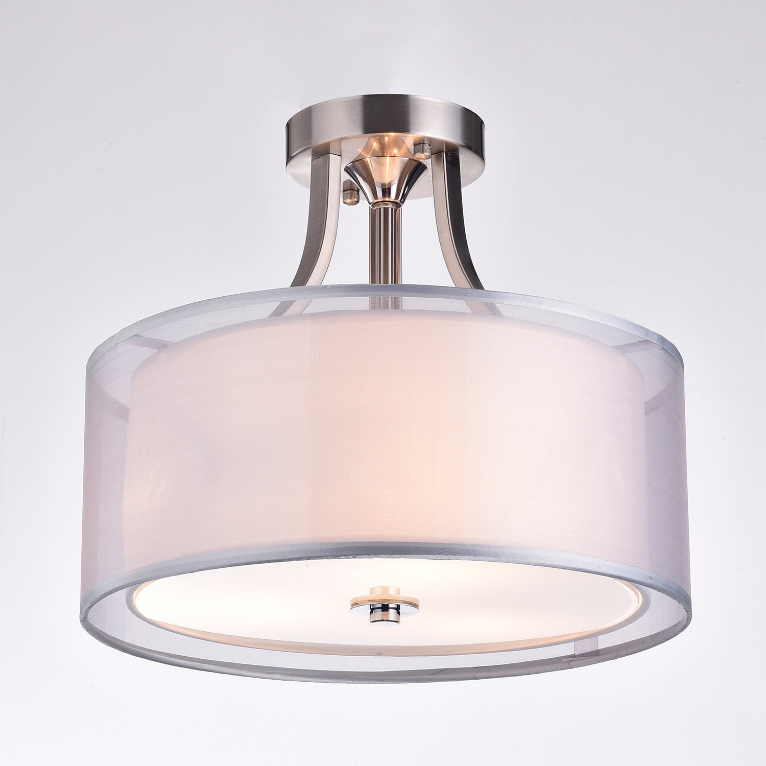 Modern Brushed Nickel 13.8" Double Drum Crystal Semi Flush Mount Chandelier