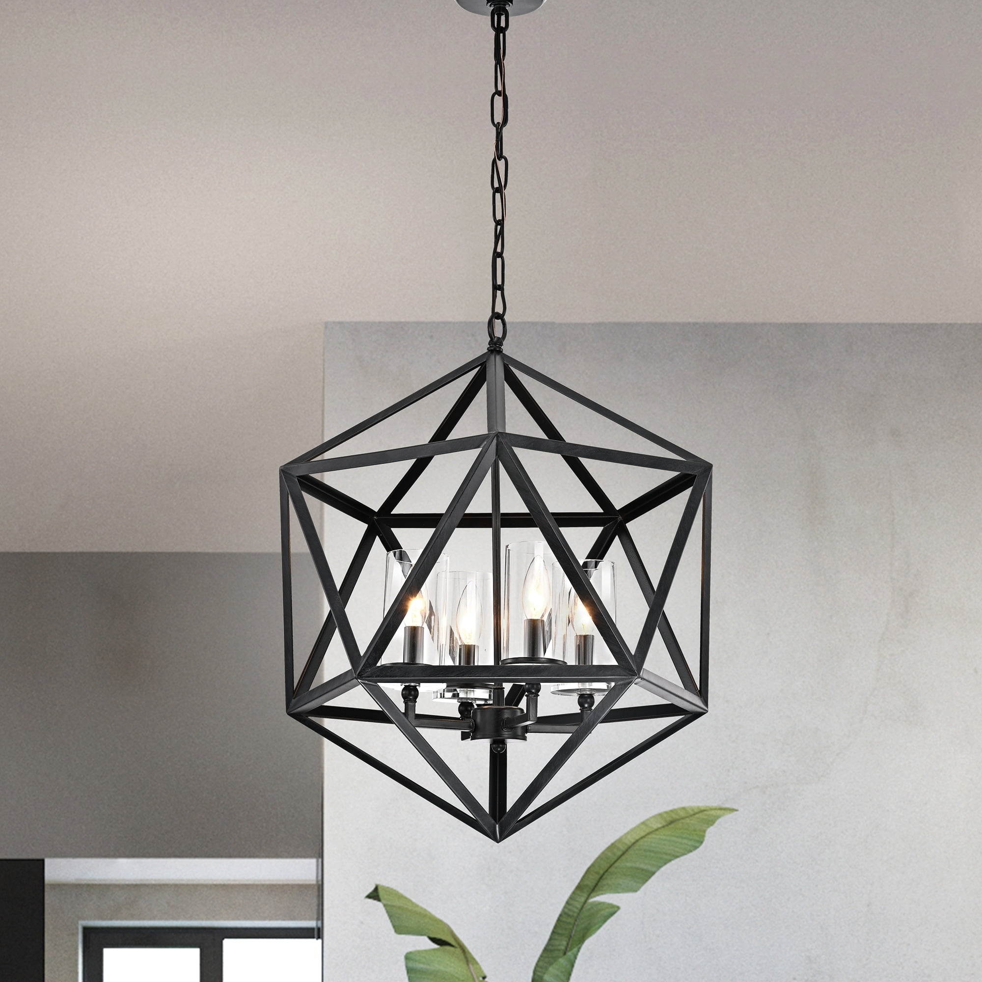 Antique Black Geometric Cage Chandelier with Glass Shades