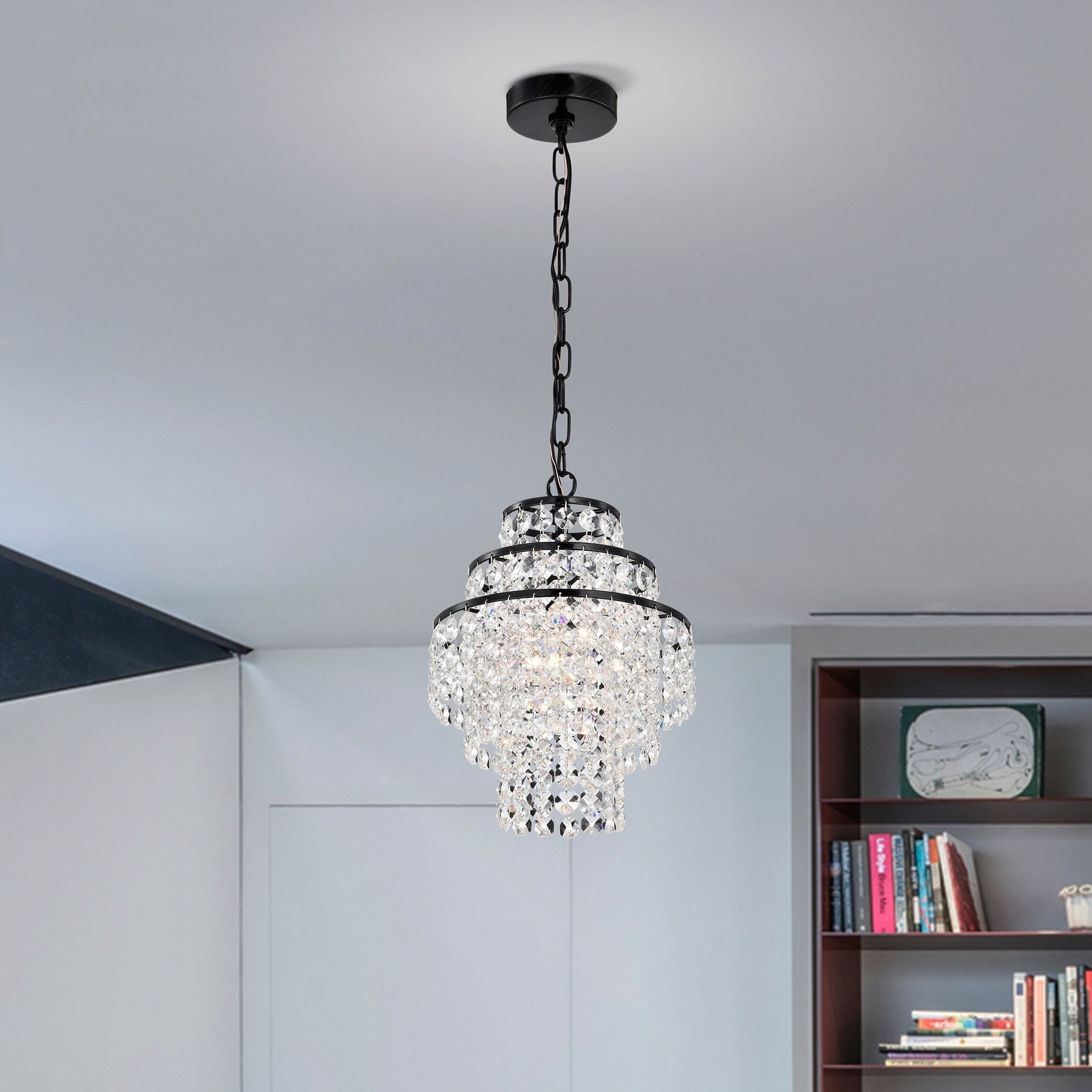 Antique Black Mini Chandelier with Tiered Crystal Cascades