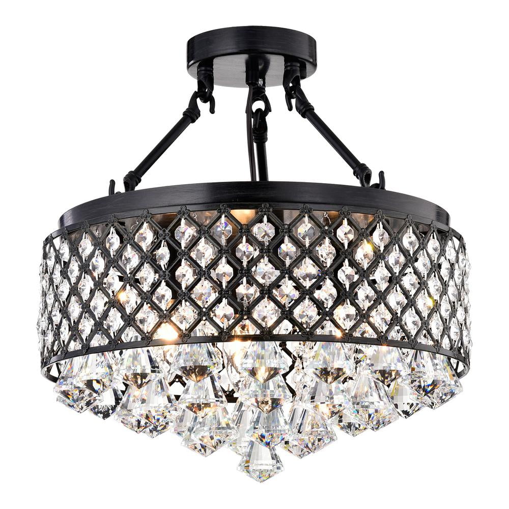 Antique Black Crystal Drum Semi-Flush Mount Chandelier