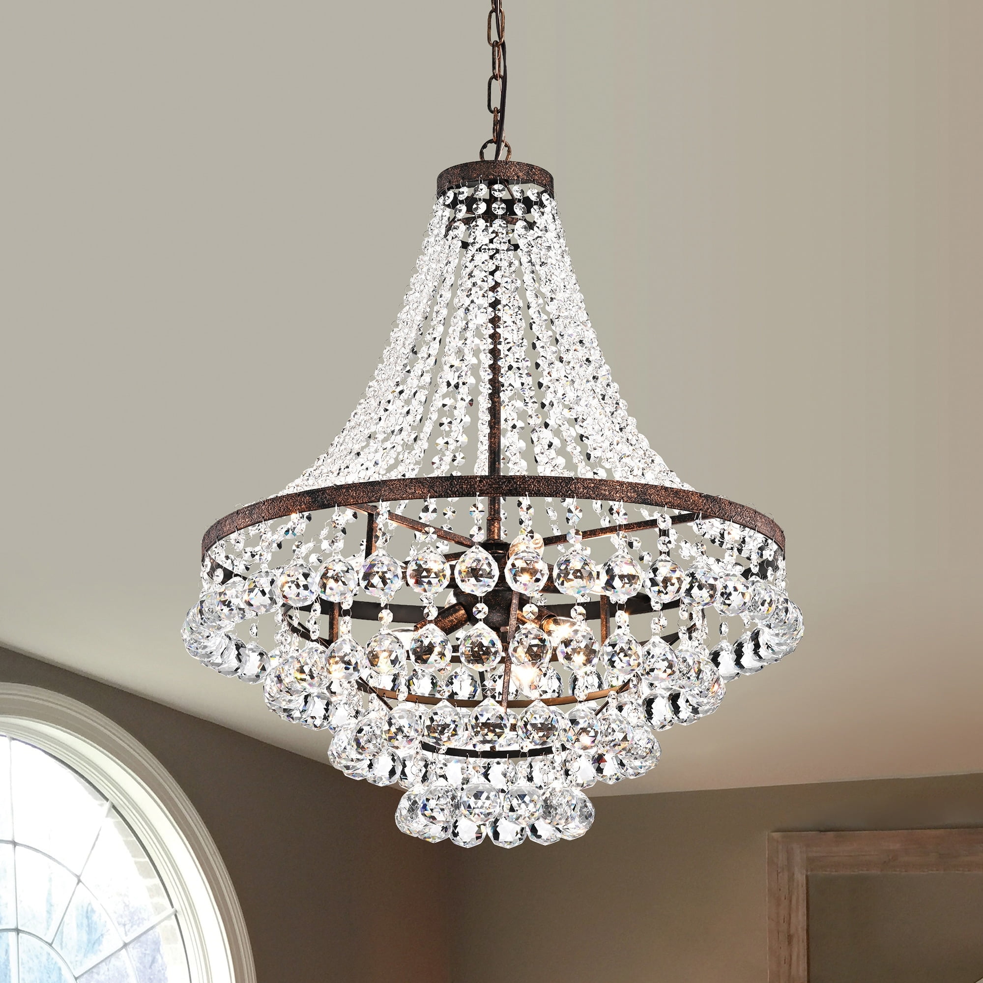 Antique Copper 7-Light Crystal Empire Four Tier Chandelier