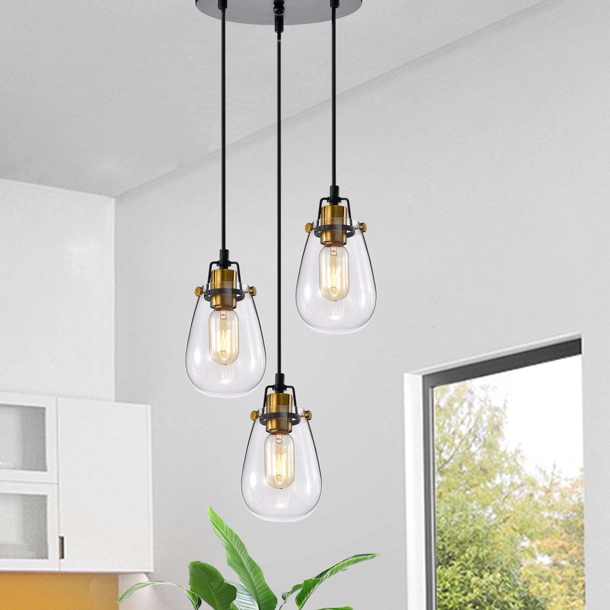 Modern Black and Gold 3-Light Pendant with Clear Glass Shades