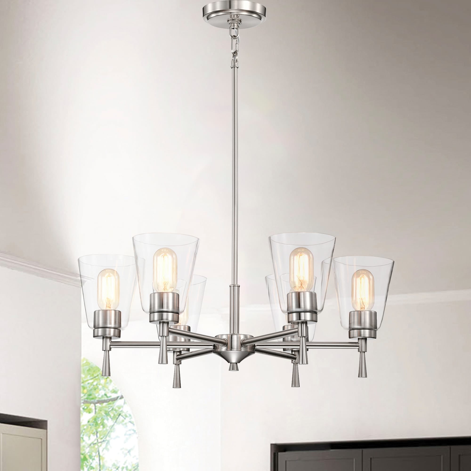Brushed Nickel 6-Light Modern Chandelier with Clear Cone Glass Shades