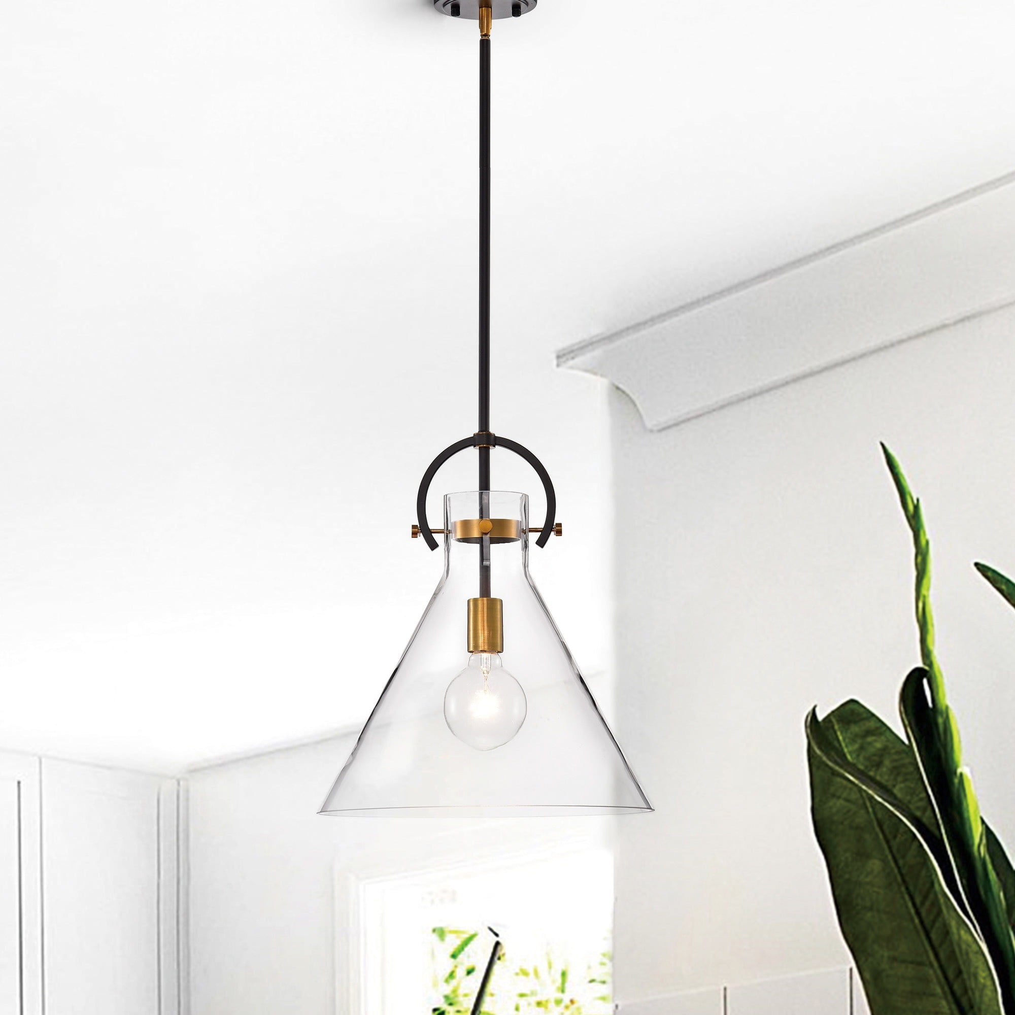 Adjustable Clear Glass Cone Pendant Light with Bronze and Gold Accents