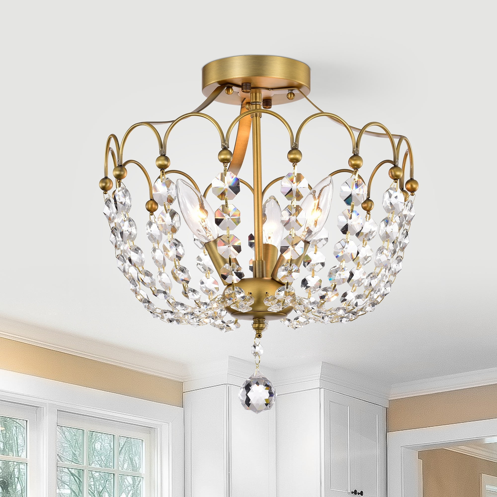 Vintage Brass Semi Flush Mount with Crystal Embellishments