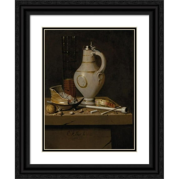 Edwaert Collier 12x14 Black Ornate Wood Framed Double Matted Museum Art Print Titled: A Toebakje Still Life of Smoking Utensils, a Jug and a Tall Glass Partly Filled with Beer (1664)