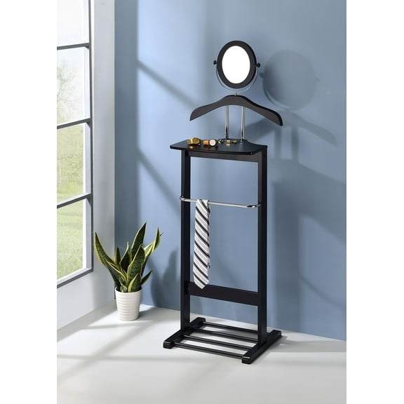 Edward Black Wood & Chrome Metal Contemporary Cloth, Coat, Suit & Hat Valet Stand Organizer Rack with Mirror, Hanger Shelf & Rack