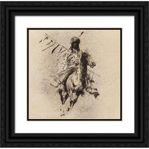 Edward Borein 20x20 Black Ornate Framed Double Matted Museum Art Print Titled: Crow Indian Rider with Lance and Blanket (1915)
