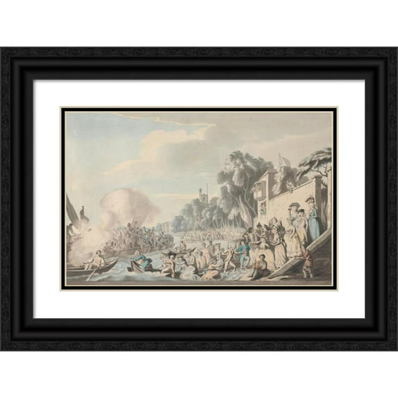 Edward Francis Burney 18x13 Black Ornate Wood Framed Double Matted Museum Art Print Titled - View at Chelsea of the Annual Sculling Race for Doggett's Coat and Badge