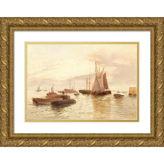 Edward Henry Eugene Fletcher 18x13 Gold Ornate Wood Frame and Double Matted Museum Art Print Titled - Boats on a Calm Sea