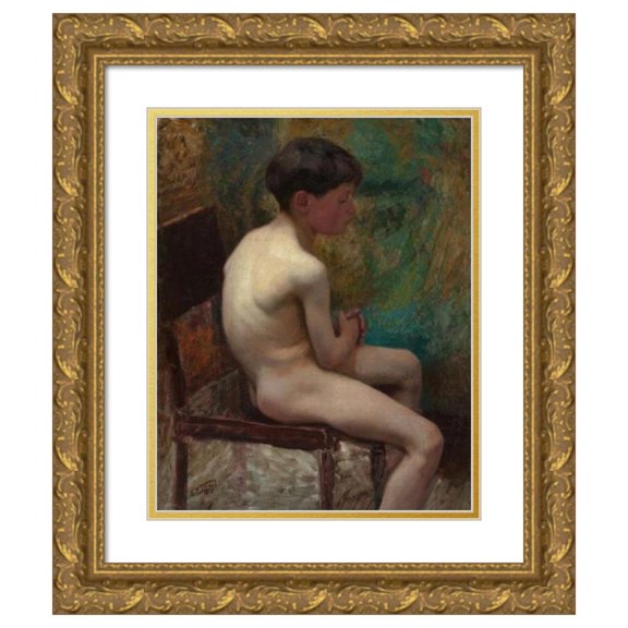 Edward Henry Potthast 12x14 Gold Ornate Wood Frame and Double Matted Museum Art Print Titled - A Young Boy (Seated Boy) (circa 1890)