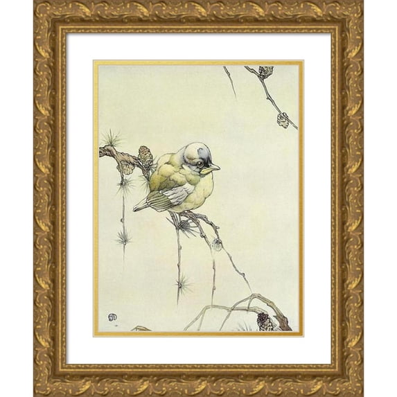 Edward Julius Detmold 12x14 Gold Ornate Wood Frame and Double Matted Museum Art Print Titled - The Blue Tit (1912)