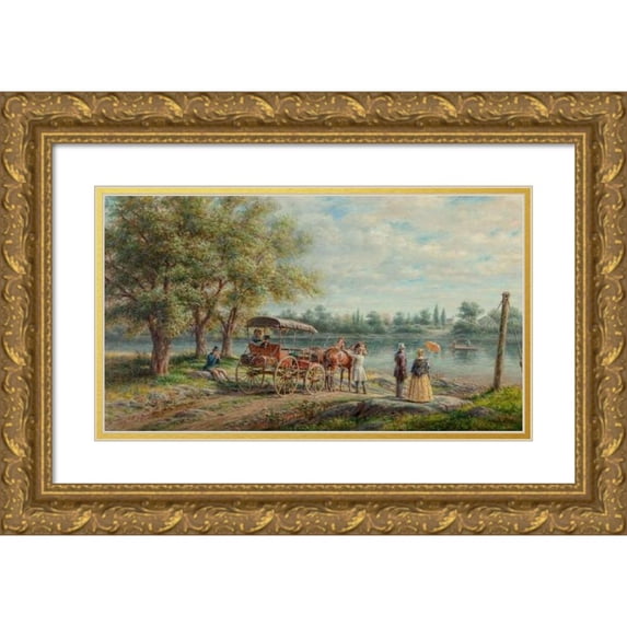 Edward Lamson Henry 18x12 Gold Ornate Wood Frame and Double Matted Museum Art Print Titled - Waiting at the Ferry (1906)