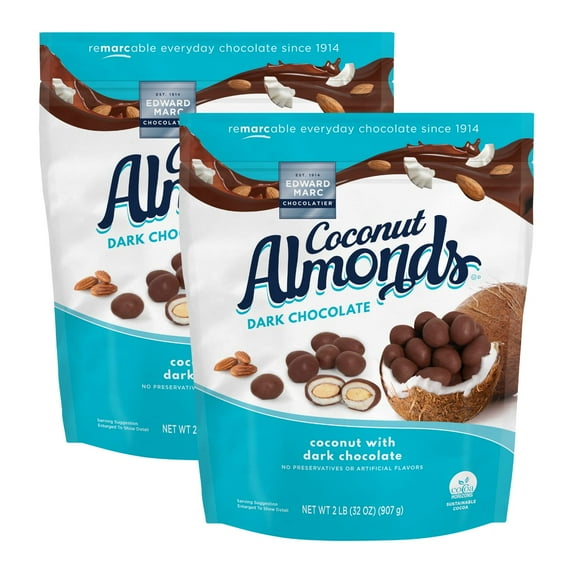 Edward Marc Chocolatier Dark Chocolate Coconut Almonds, 32oz Bag, 2 Pack