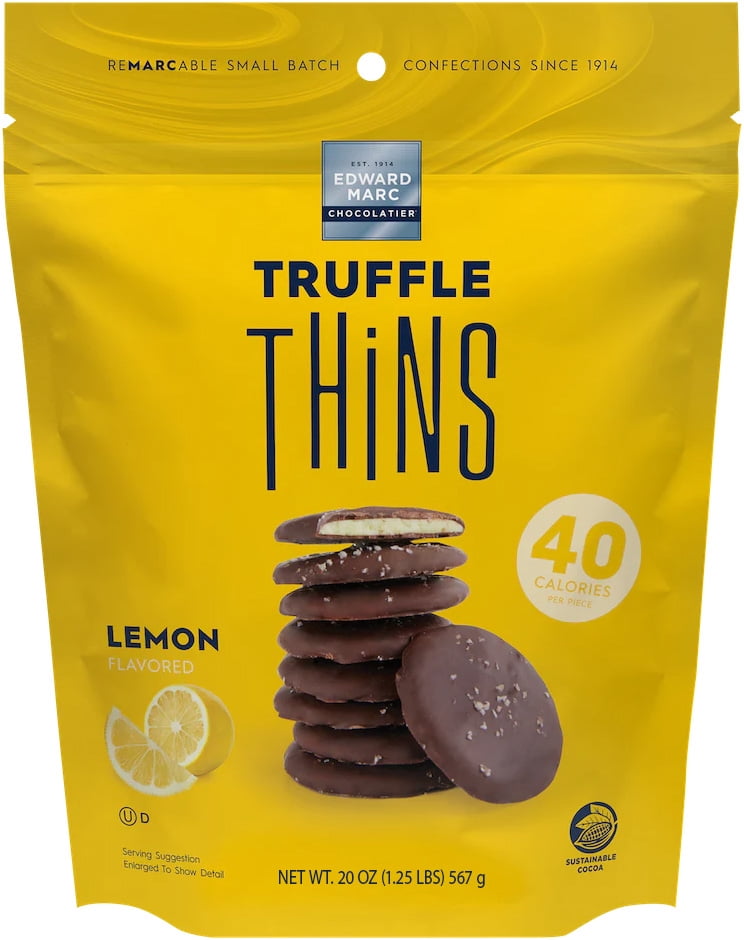 Edward Marc Chocolatier Lemon Truffle Thins, Dark Chocolate & Lemon Filled Crisps with Sea Salt, 20 oz Bag