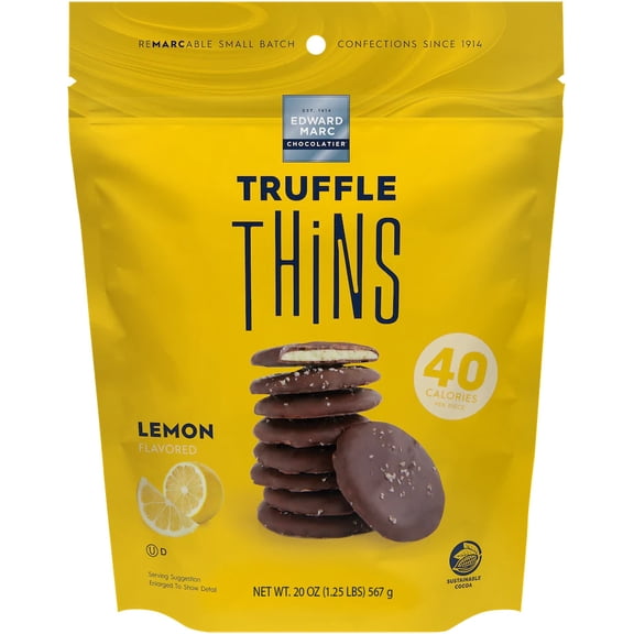Edward Marc Chocolatier Lemon Truffle Thins, Dark Chocolate & Lemon Filled Crisps with Sea Salt, 20 oz Bag
