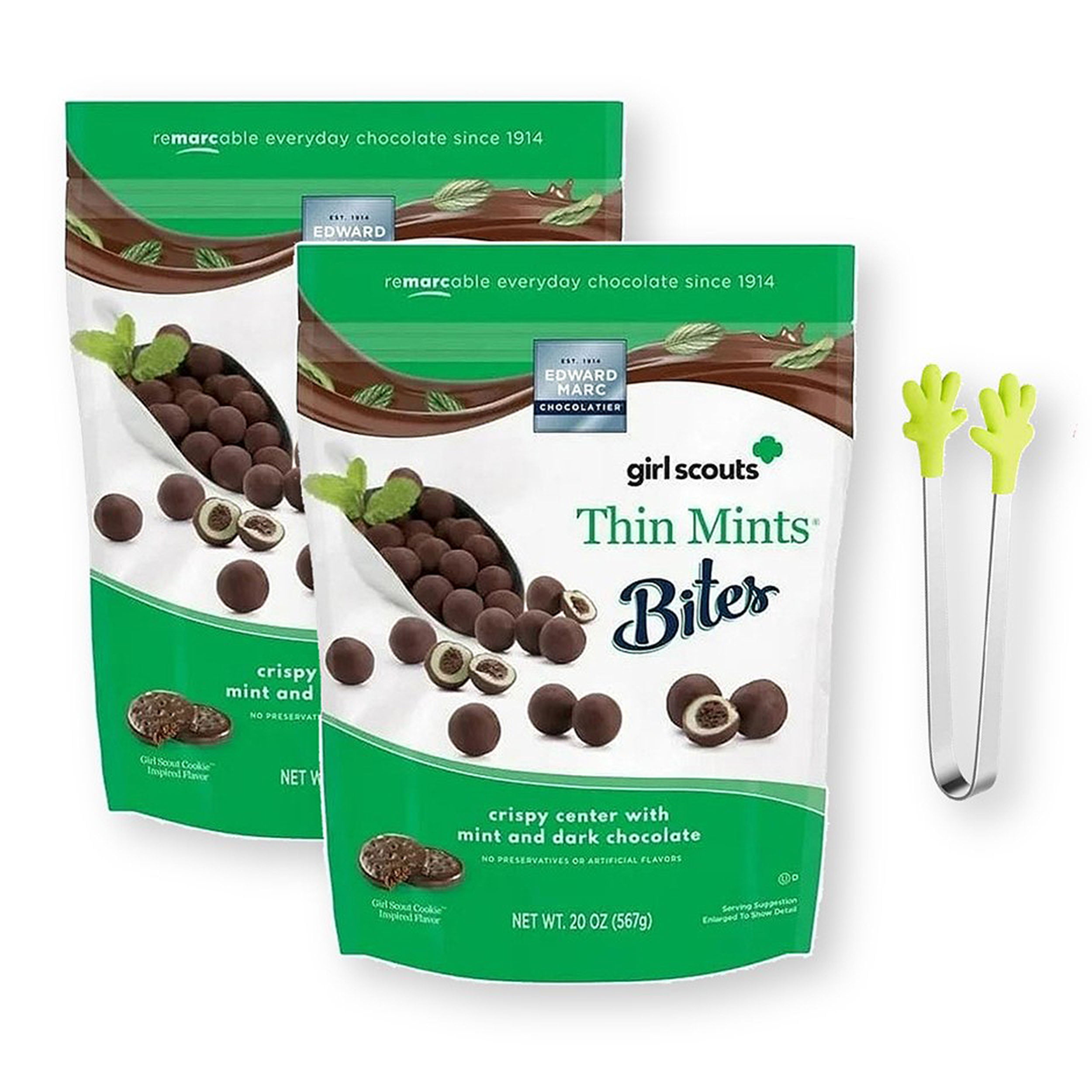 Edward Marc Girl Scouts Thin Mints Bites Chocolate 20 Oz. X 2 with Mini  Silicone Tongs (3-Pc Set)