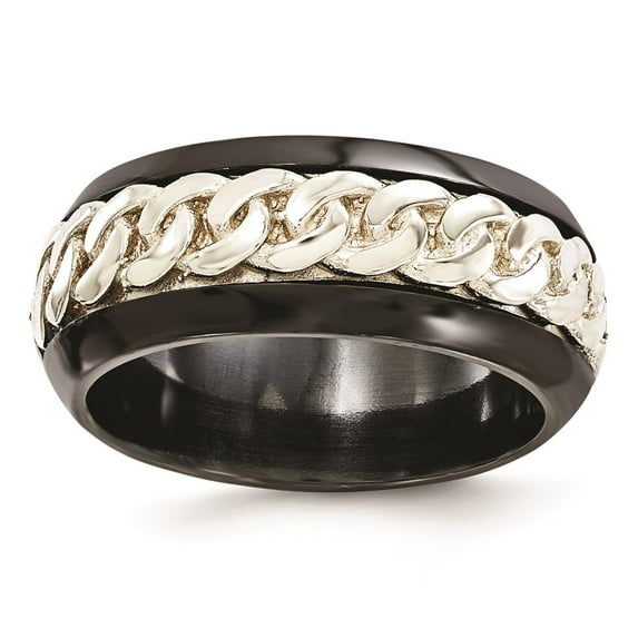 Finest Gold Edward Mirell Black Titanium & Sterling Silver Beveled Casted 9 mm Band - Size 10