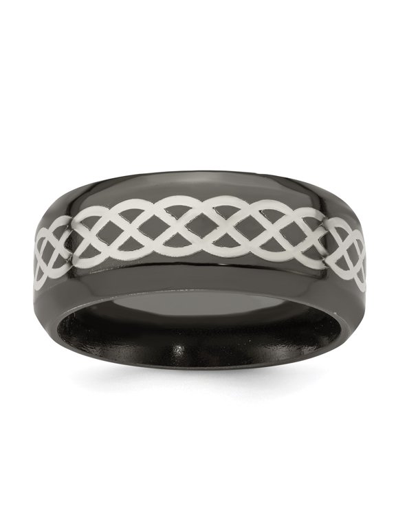 Black Ti and Argentium Sterling Silver Inlay Polished Celtic Design 9mm Flat Band