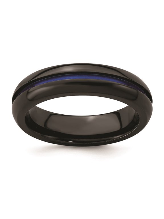 Black Ti with Blue Anodized Center Stripe Domed 6mm Band