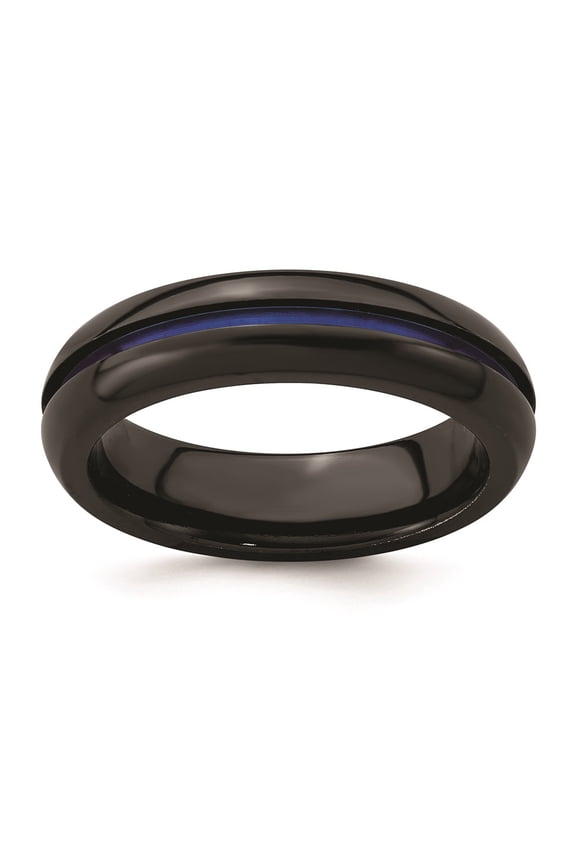 Black Ti with Blue Anodized Center Stripe Domed 6mm Band