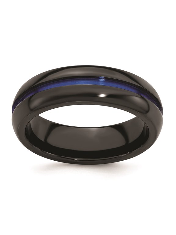 Black Ti with Blue Anodized Center Stripe Domed 7mm Band