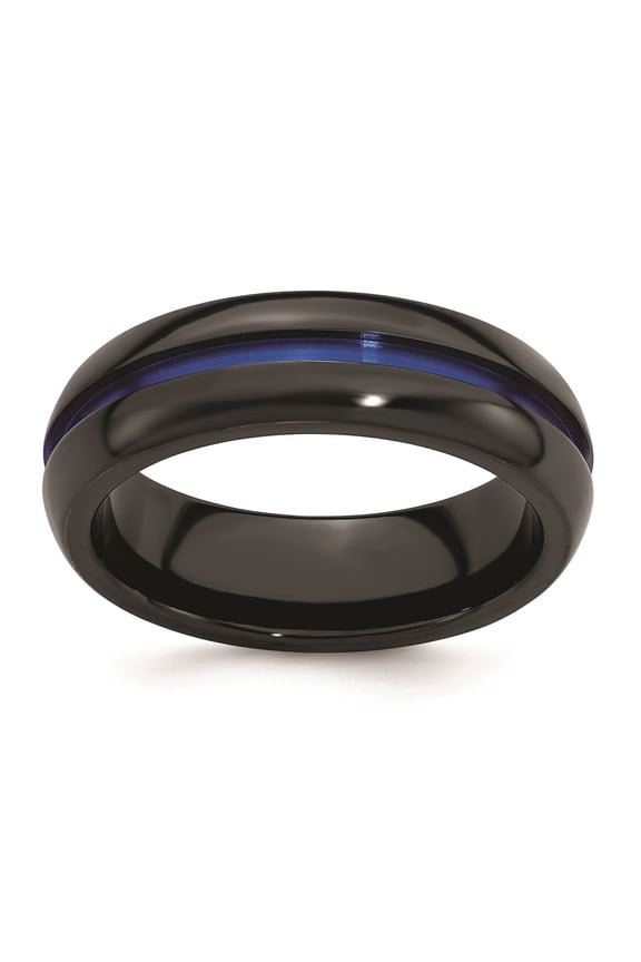 Black Ti with Blue Anodized Center Stripe Domed 7mm Band