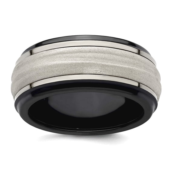 Edward Mirell Black Titanium and Titanium With Argentium 925 Sterling Silver Inlay Lasered Polished Wave 10mm Band Size