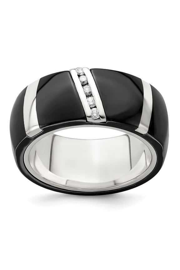 Finest Gold Edward Mirell Black & Sterling Silver .10ctw Diamond Polished 10 mm Ring - Size 11.5