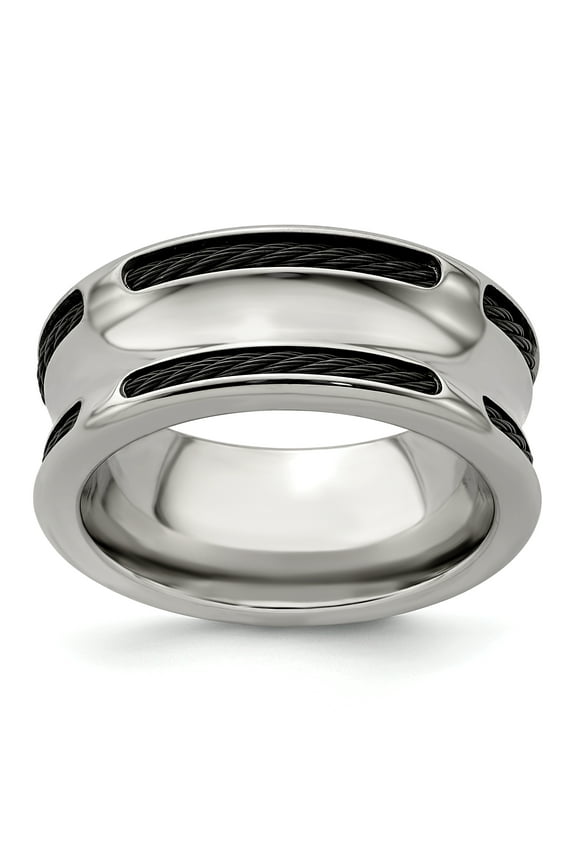 Edward Mirell Stainless Steel & Black Ti Cable Polished Concave 10mm Ring