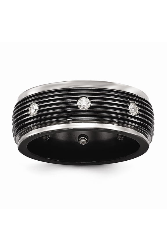 Titanium & Black Ti With White Sapphires Grooved Ring