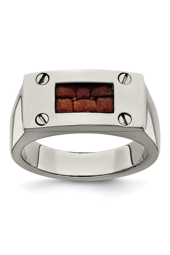 Titanium Brown Leather Insert Polished Ring