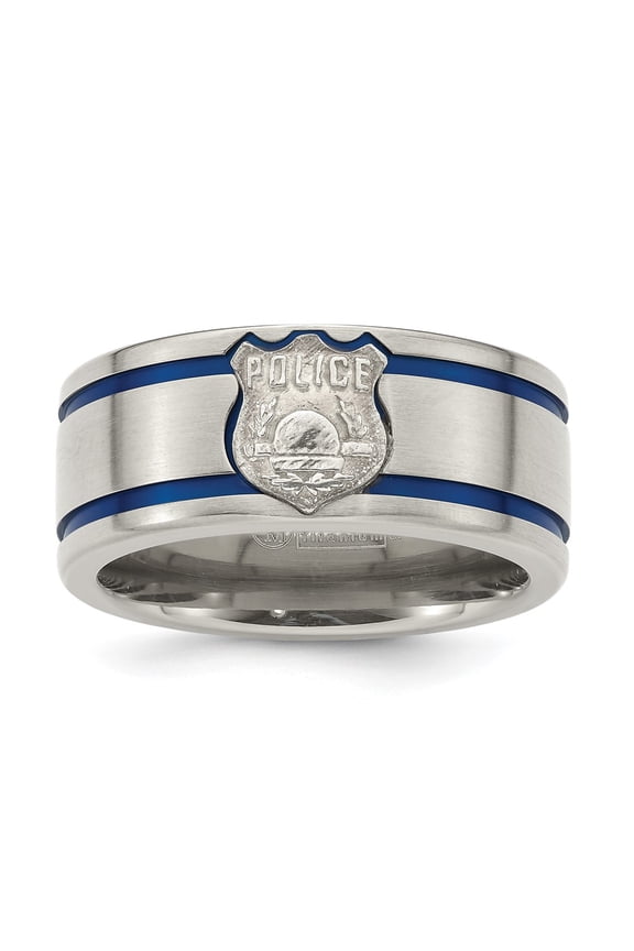 Edward Mirell Titanium Brushed Blue Anodized Double Groove with Sterling Silver Police Shield Flat 10mm Band