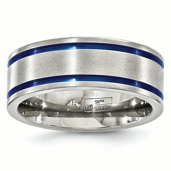 Edward Mirell Titanium Brushed with Blue Anodized Double Groove Flat 8mm Band EMR218