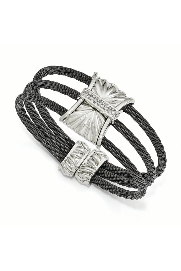 Finest Gold Edward Mirell Titanium Sterling Silver White Sapphire Cable Cuff Bangle