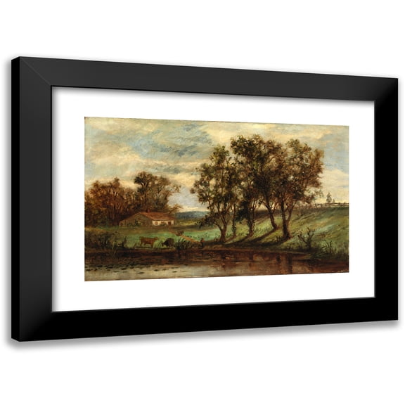 Edward Mitchell Bannister 14x11 Black Modern Framed Museum Art Print Titled - Untitled (Man with Cows Grazing Near Pond with House and Trees in Background)