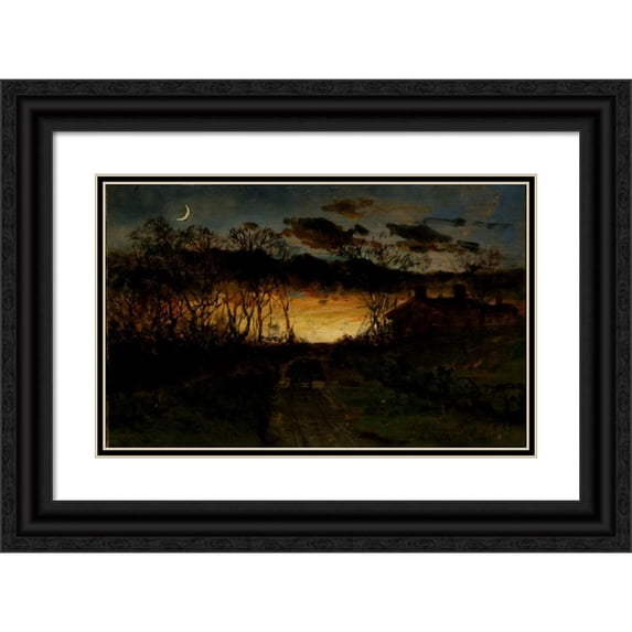 Edward Mitchell Bannister 24x17 Black Ornate Framed Double Matted Museum Art Print Titled: Untitled (Sunset with Quarter Moon and Farmhouse) (1883)