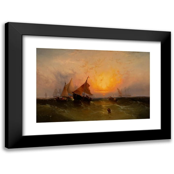 Edward Moran 14x11 Black Modern Framed Museum Art Print Titled - Ships at Sunset (New York Harbor Sunset) (circa 1872)