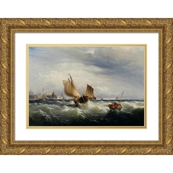 Edward Moran 14x11 Gold Ornate Wood Frame and Double Matted Museum Art Print Titled - Fishing Boats Beating Up to Windward (ca. 1858)