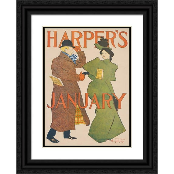 Edward Penfield 11x14 Black Ornate Wood Framed Double Matted Museum Art Print Titled: Harper's January (1895)