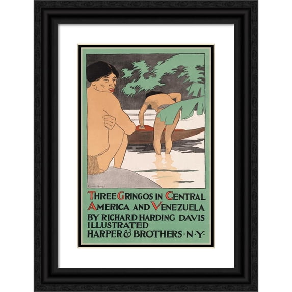 Edward Penfield 13x18 Black Ornate Wood Framed Double Matted Museum Art Print Titled - Three Gringos in Central America and Venezuela by Richard Harding Davis (1890)