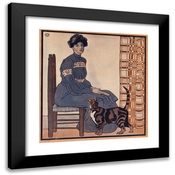 Edward Penfield 15x16 Black Modern Framed Museum Art Print Titled - Woman Sitting on a Chair Holding a Book with a Cat Looking On. (1890-1920)